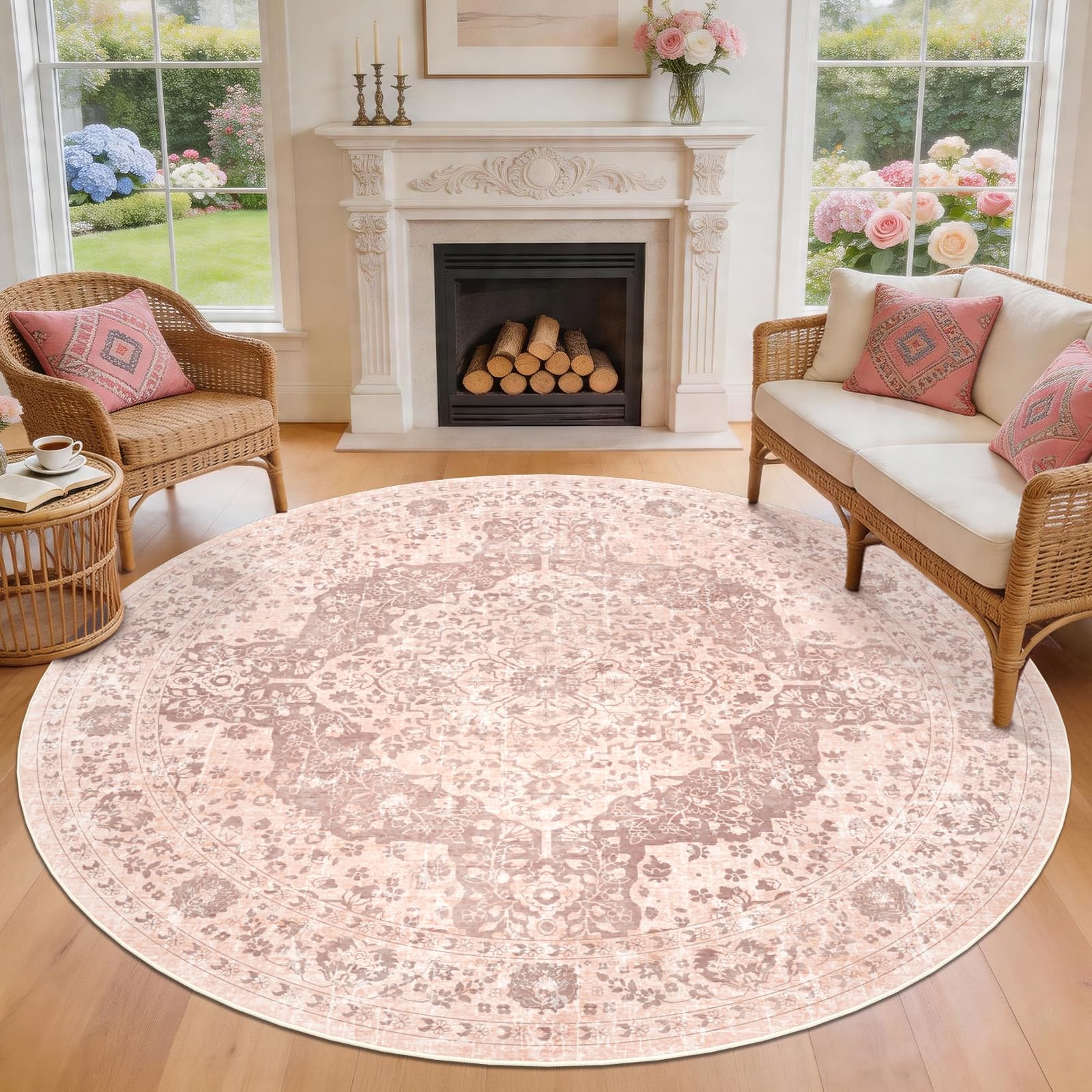 TUKDAK Vintage Round Rugs for Living Room 200cm, Pink Boho Washable Circle Area Rugs for Bedroom, Non Slip Non Shedding Soft Low Pile Classic Circular Carpet for Kids Room Kitchen Office Dining Room