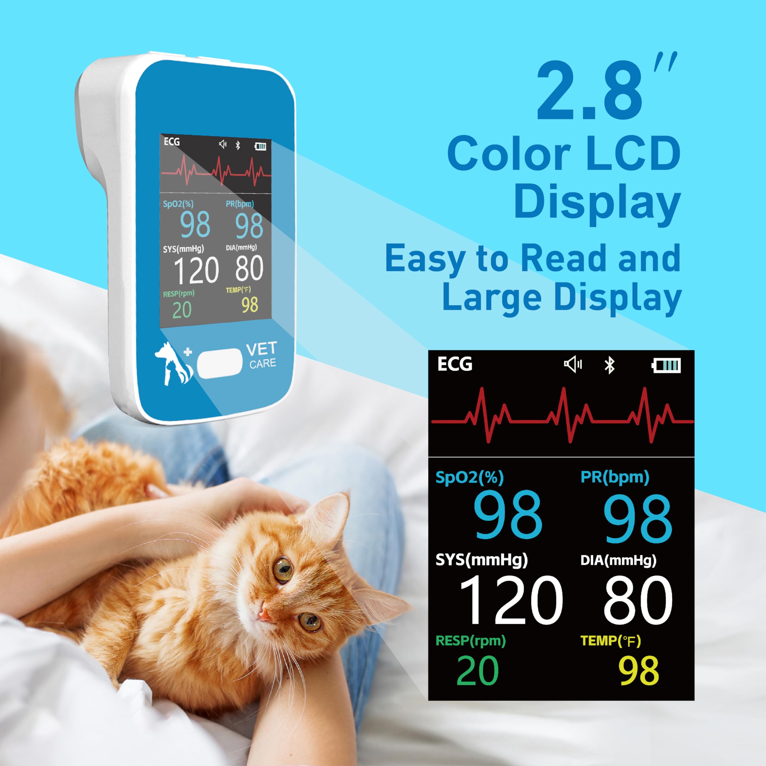 Monitor veterinario para perros, gatos, mascotas, equipo de monitoreo de pacientes veterinarios de 6 parámetros, monitor recargable de signos vitales de animales, monitor de presión arterial