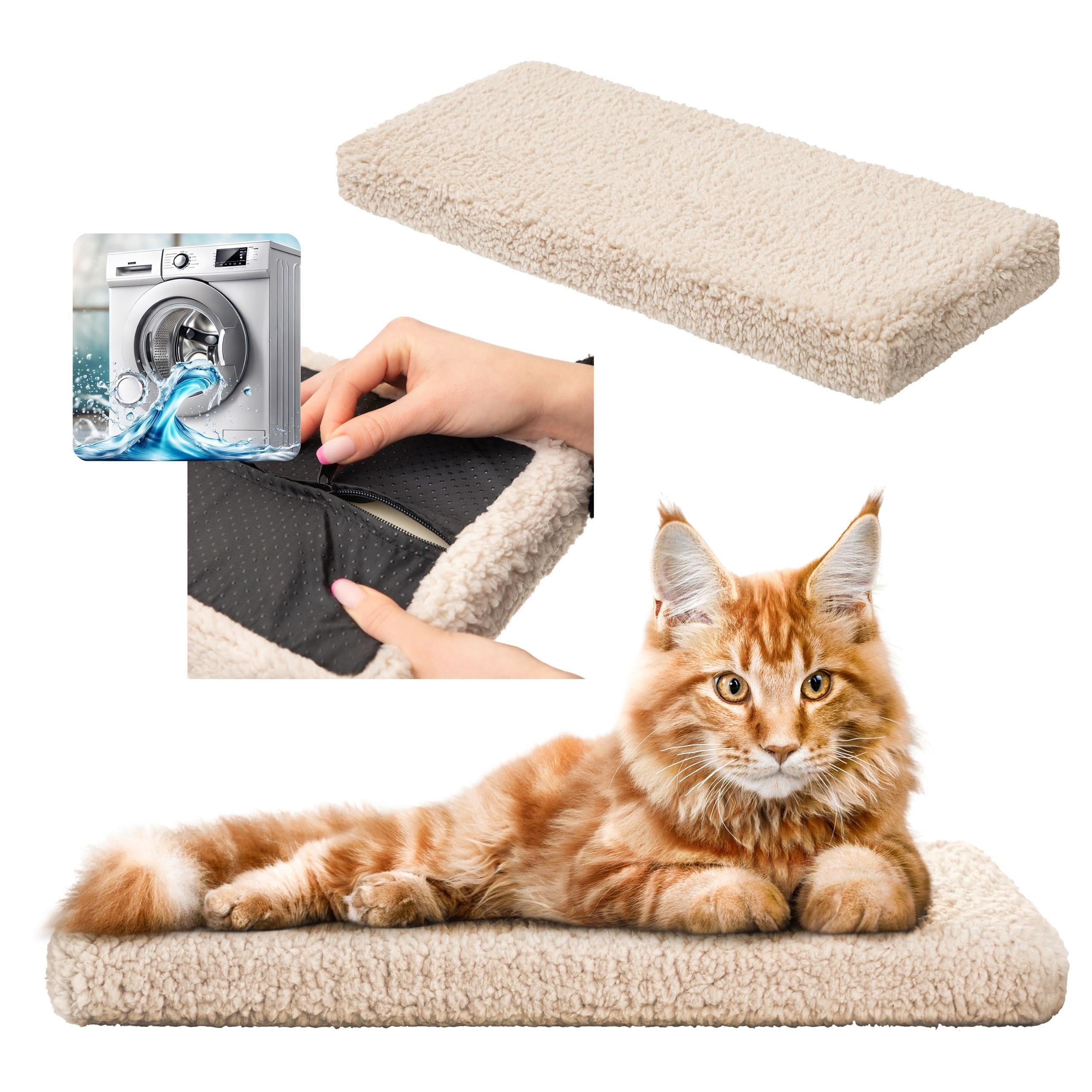 Katzen Fensterliege Fensterbank rutschfest - Katzenbett Fensterbank - Weich & Kuschelig - Fensterliege für Katzen Selbstheizende Katzendecke - Waschbarer Bezug - 60x20 cm - Beige Fell