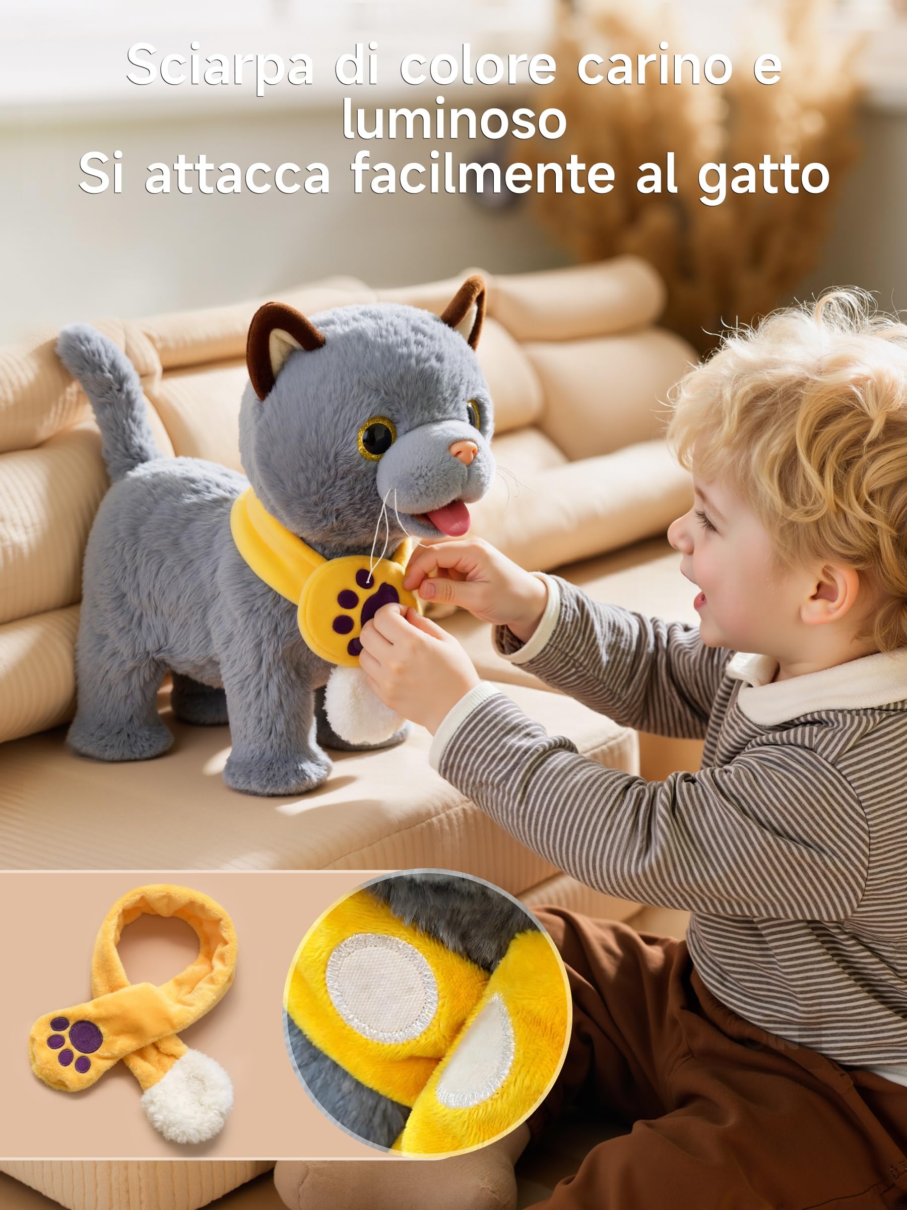 TUMAMA KIDS Giocattolo interattivo per bambini con 6 musiche, peluche gattino con telecomando e guinzaglio che corre e abbaia, peluche elettronico gattino a partire dai 2 anni - camminare, miagola