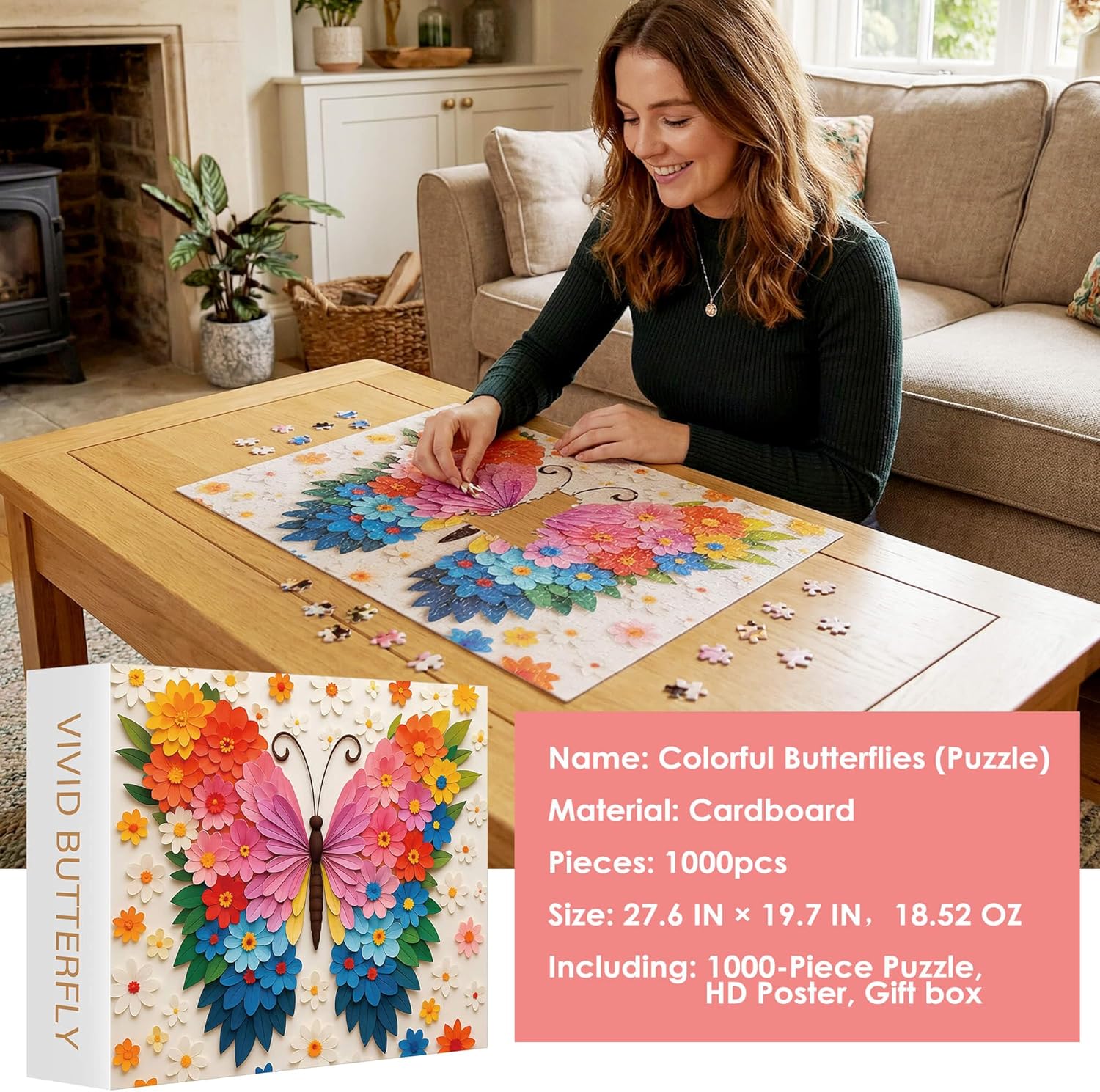 Butterfly Puzzles for Adults 1000 Pieces, Funny Puzzle, Colorful Flower Animal Jigsaw Puzzles, Organizor Box, Thick & Sturdy, Home Decor, Challenging Family Puzzle, Gifts Puzzle Lovers(27.5x19.6 in)