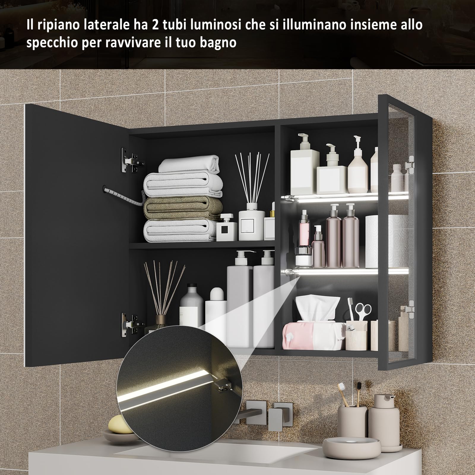 YU YUSING Specchio Contenitore Bagno con Luce 80x15x60 cm, Mobile Bagno con Specchio, Armadietto Bagno Sospeso, Specchiera bagno, 2 Ripiani Illuminati Aperti, Anta in Vetro, 3 Modalità di Luce, Nero