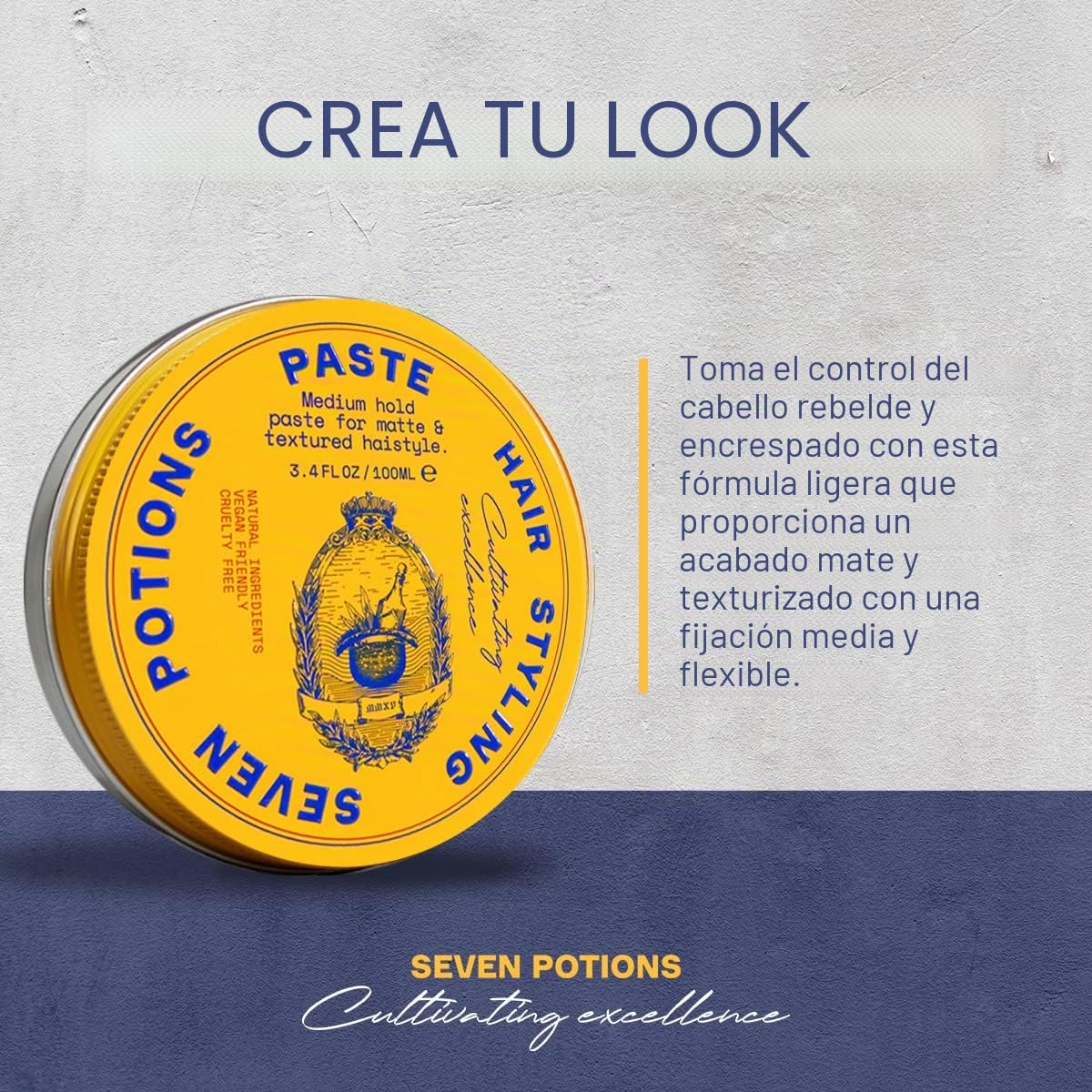 Seven Potions Pasta para peinar el cabello para hombre, 100 ml, tamaño mediano, flexible, acabado mate y texturizado, fácil aplicación, natural, vegano, libre de crueldad