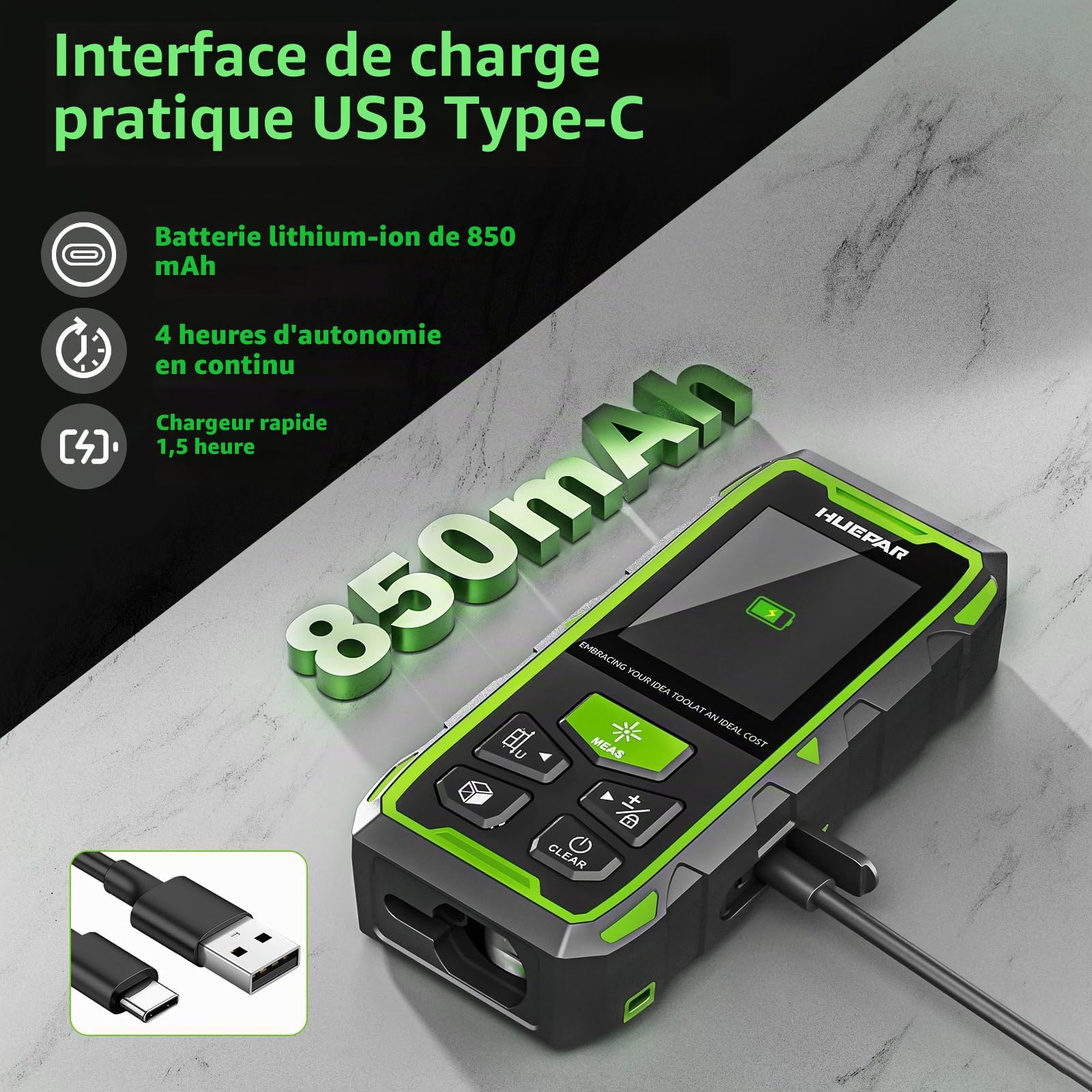 Télémètre à Double tête, Huepar 120M Appareil de Mesure Laser Rouge avec Laser, LCD rétroéclairé, Mesure de Distance, Surface et Volume et Mode pythagoricien