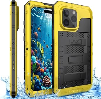 Waterproof Case for iPhone 16 Pro, Heavy Duty Durable Metal Full Body Built-in Screen Protection Case Shockproof Dustproof Rugged Military Grade Defender for iPhone 16 Pro - Yellow
