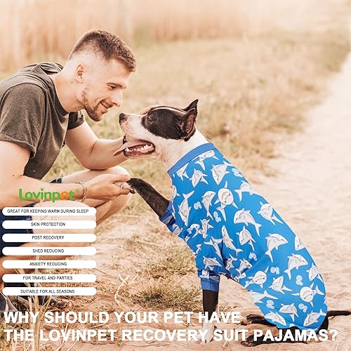 Miniatura 8 de LovinPet Pijama grande para perros, protección UV, mameluco para aliviar la ansiedad de mascotas, ligero y elástico, ropa para perro con estampado