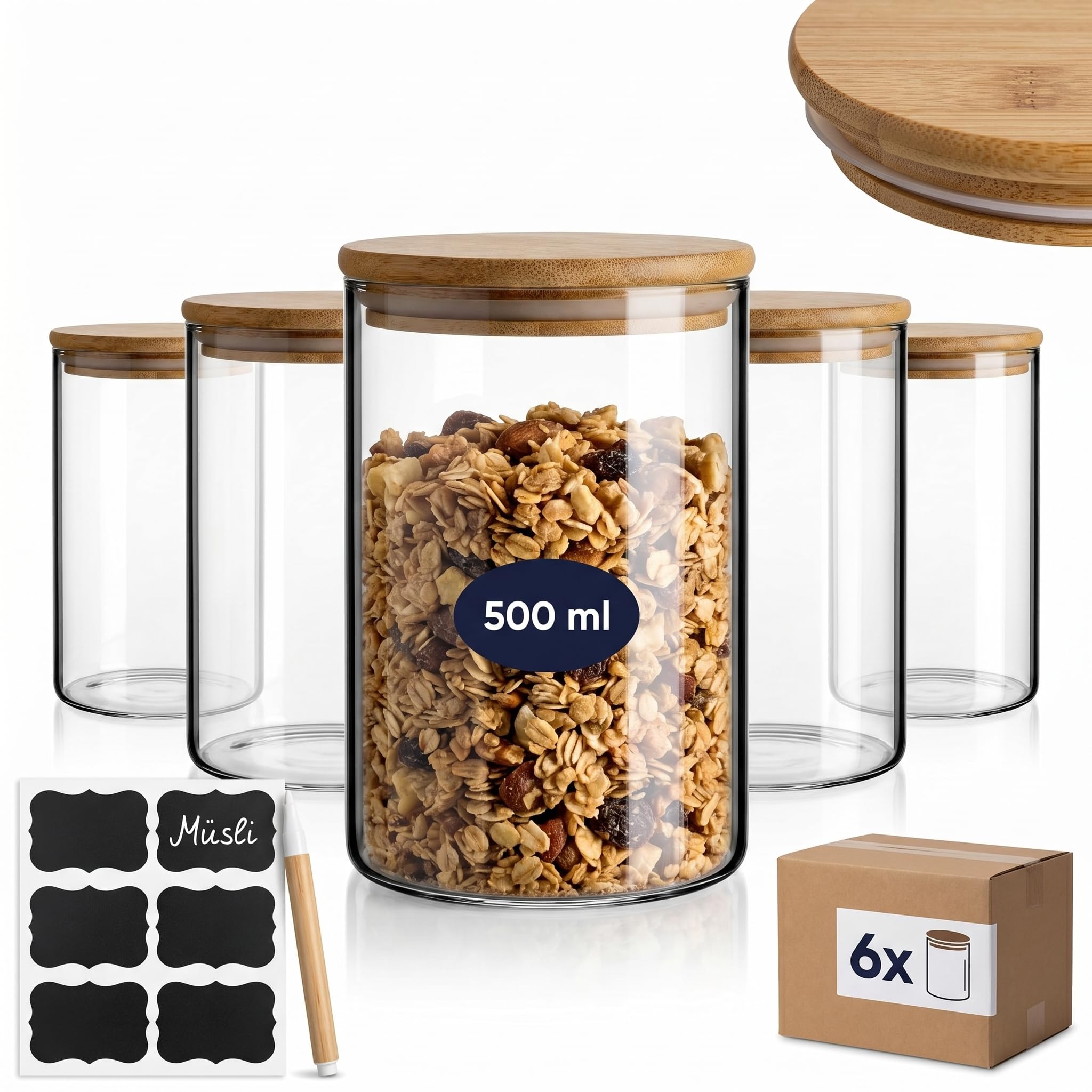 gouveo Set da 6 barattoli dispensa classici (0,50 l) con coperchio a pressione in bambù, vetro borosilicato rotondo cilindrico per alimenti secchi e organizzazione cucina (BGR500B)
