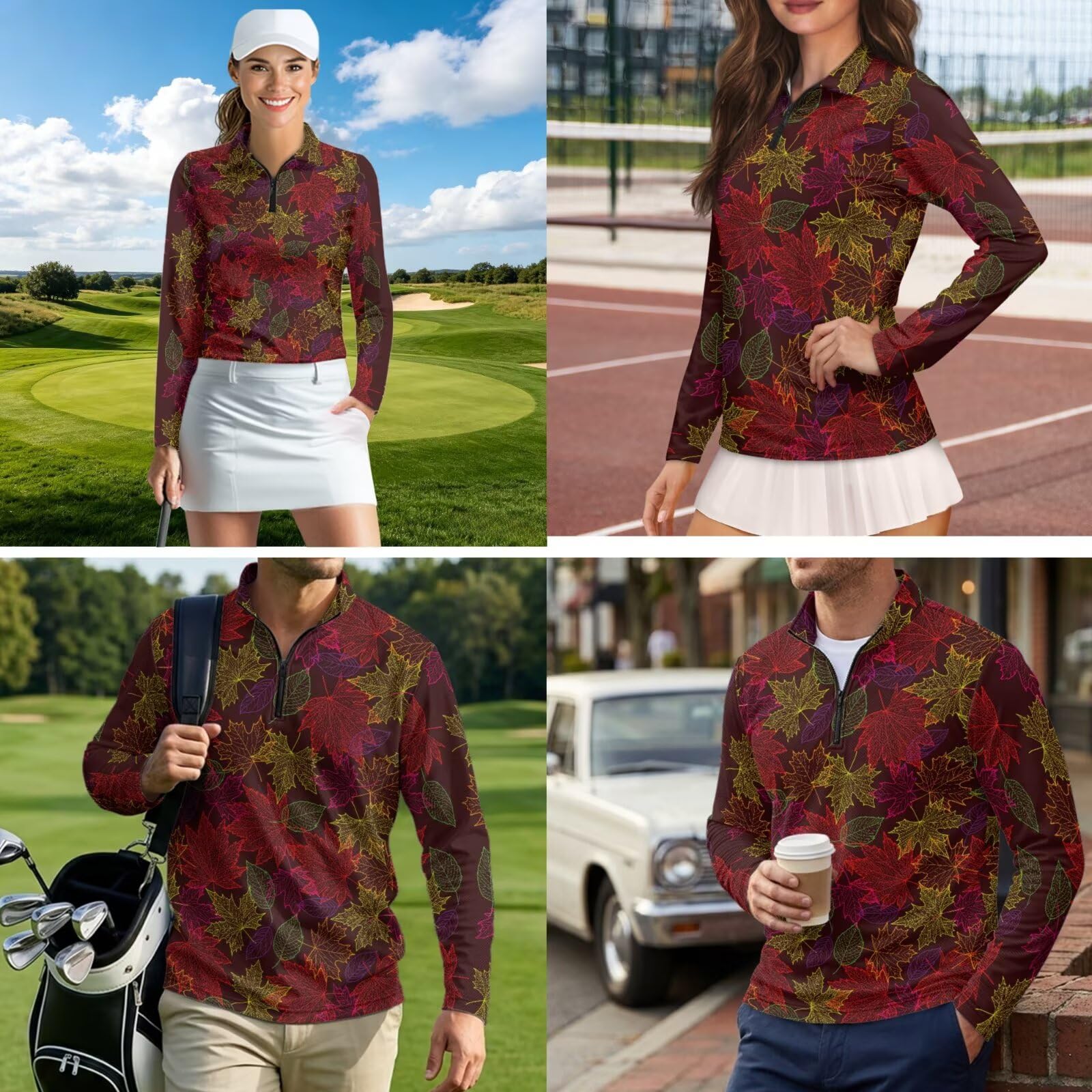 chaqlin Camisas de golf a juego para parejas, de manga larga, con cremallera, para mujer, ropa deportiva, Estampado de hojas de arce, 4XL