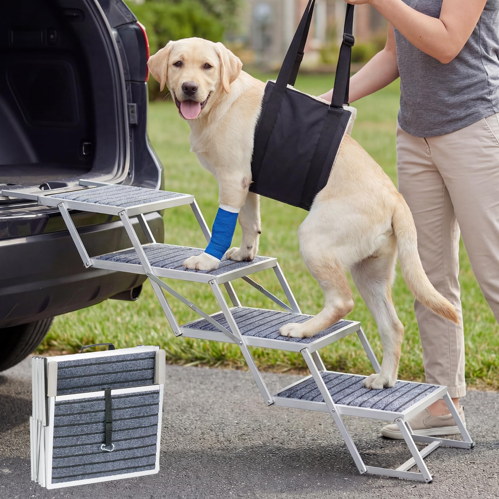 Veehoo Extra Wide Dog Ramp for Cars, SUVs & Trucks - 50cm Portable Lightweight Aluminium Folding Pet Ramp with 4 Steps, Non-Slip Surface, Supports Injured & Senior Large Dogs up to 77KG for Bed & Sofa
