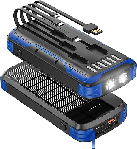 Cargador solar, cargador portátil de 40000 mAh, PD de 20 W, carga rápida, banco de energía solar integrado, 4 cables y entrada USB-C, paquete de