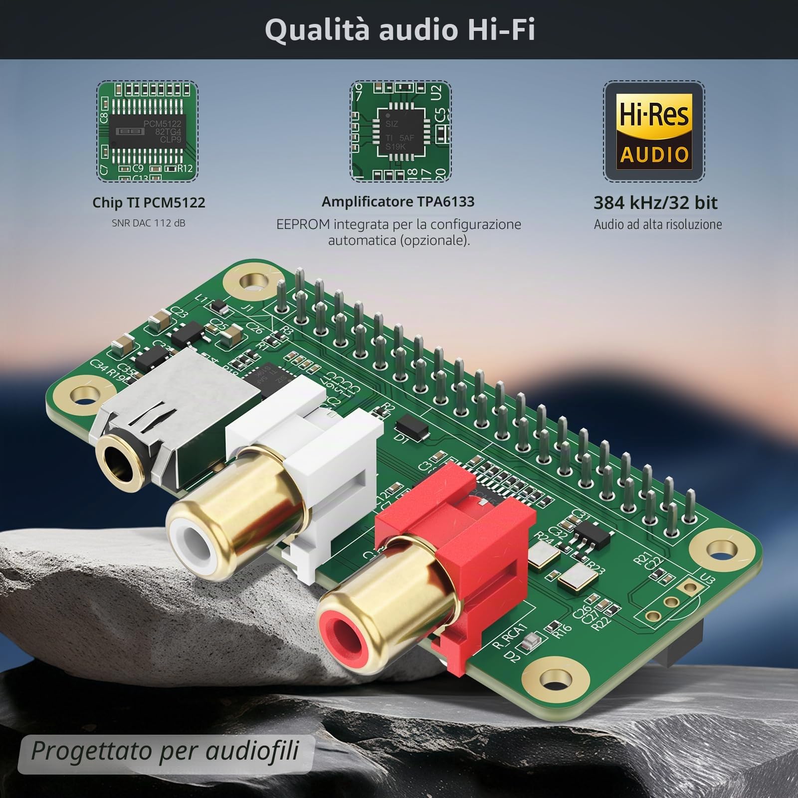InnoMaker DAC Mini Hat Scheda Audio PCM5122 per Raspberry Pi 5/4/3B+/Zero 2W, Shield Audio HiFi 384kHz/32bit con Uscita RCA e 3.5mm