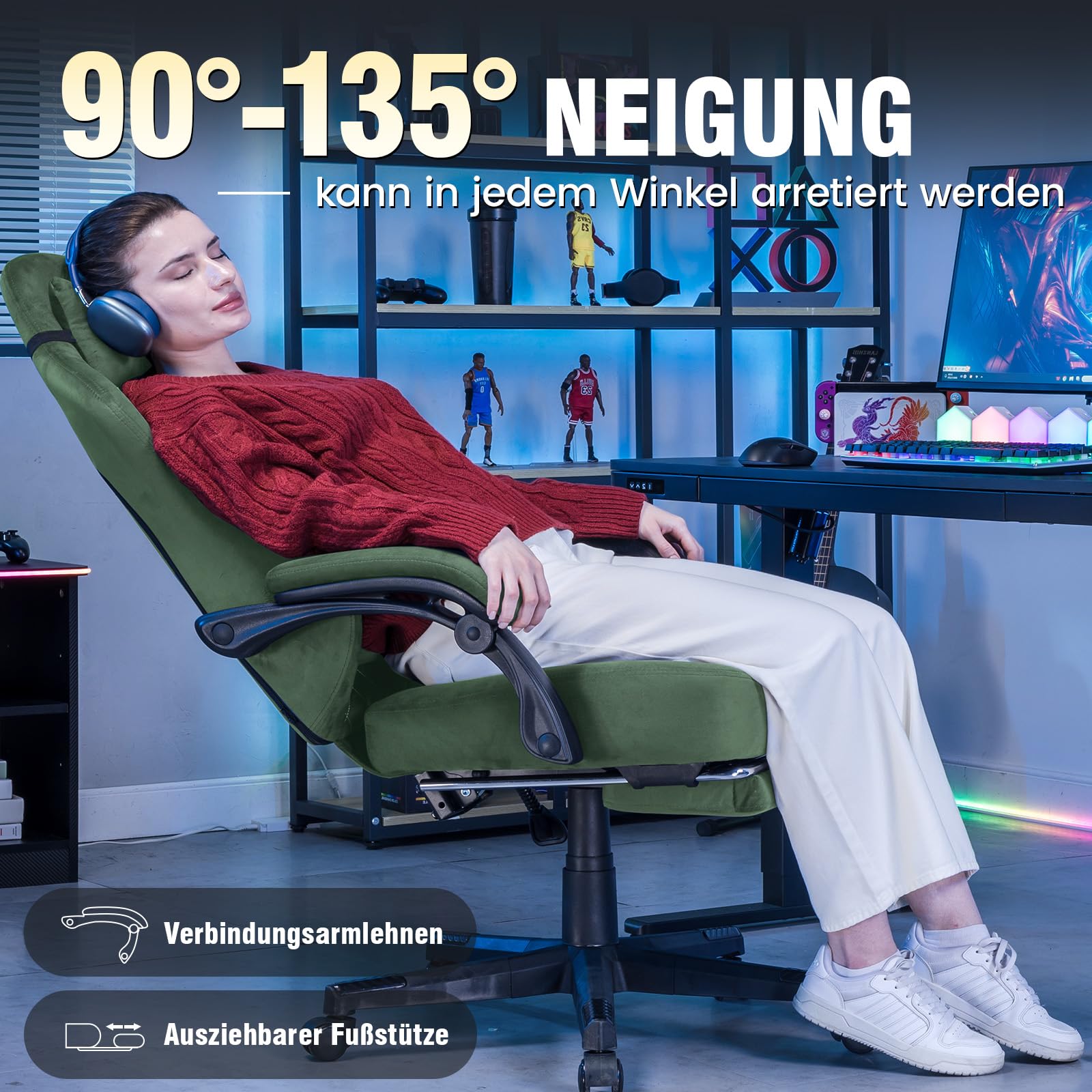 GTPLAYER Sedia Gaming Poltrona Gaming Tessuto Sedia Gamer Ergonomica Ufficio Sedia PC 150 kg Sedia da tavolo regolabile e girevole con Cuscino di seduta a Molle e Poggiapiedi, Verde