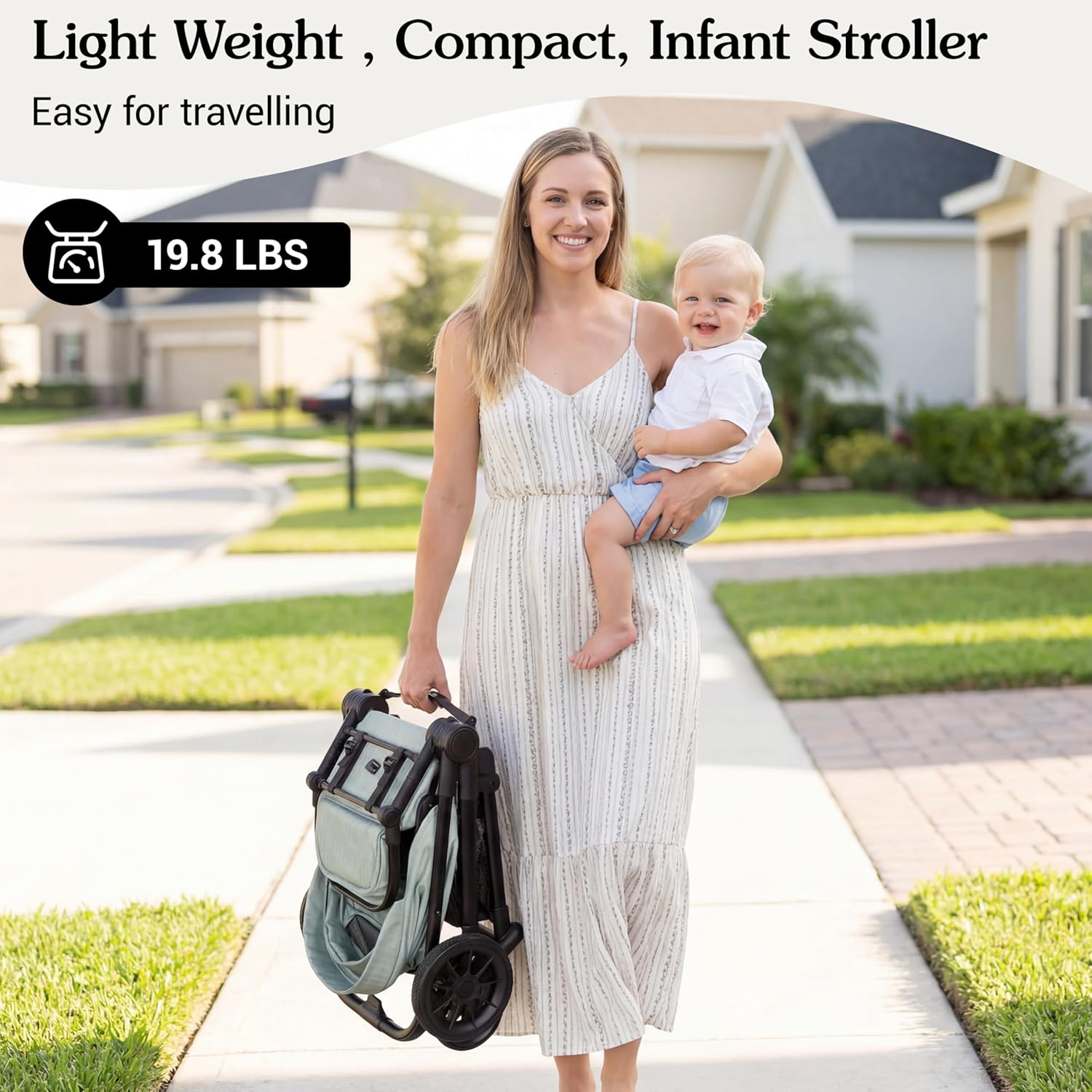 Lightweight High-View Baby Stroller, One-Hand Fold & Compact Storage, Convertible Seat, 5-Point Safety Harness, Foldable Infant Stroller, Green