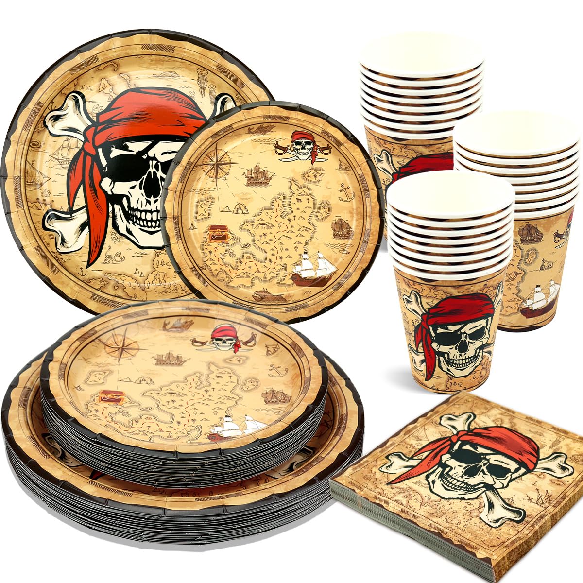 Lot de 100 décorations de fête pirate, vaisselle de table pirate comprenant assiettes, serviettes et gobelets pour enfants, garçons, décoration de fête du trésor d’anniversaire, décorations d - 1