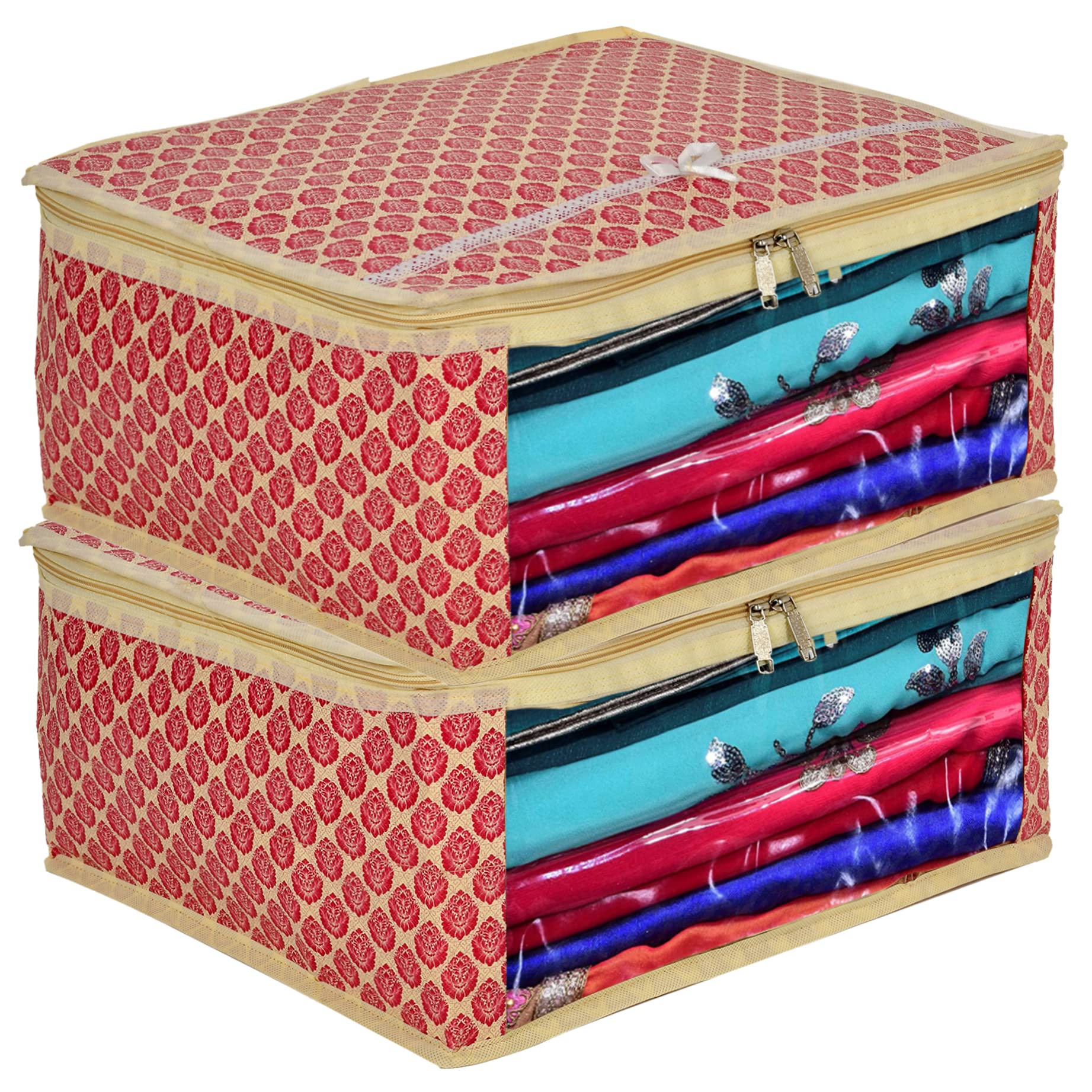 Kuber Industries Floral Printed Saree/Lehenga/Salwar Suit/Kurti/Clothes Storage Bag, Wardrobe Organiser with Transparent Window, Pink, Pack of 2