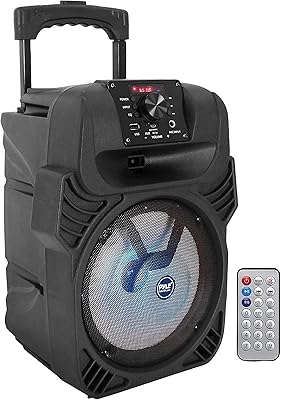 Pyle 400W Portable Bluetooth PA Loudspeaker - 8” Subwoofer System, 4 Ohm/55-20kHz, USB/MP3/FM Radio/ ¼ Mic Inputs, Multi-Color LED Lights, Built-in Rechargeable Battery w/ Remote Control -PPHP844B