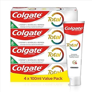 Colgate Total Original Toothpaste (4 x 100 ml), 24 Hour Antibacterial Toothpaste, Complete Protection for Your Whole Mouth, Protects Against Cavities, Contains Fluoride, Strengthens Enamel