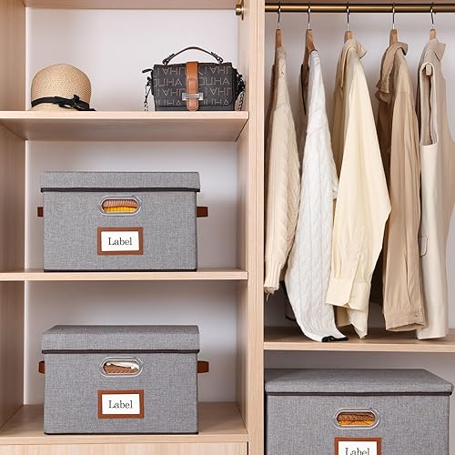 Miniatura 2 de OUTBROS Contenedores de almacenamiento de tela con tapas, con asas de cuero, cajas de almacenamiento plegables de tela, para el hogar, dormitorio,