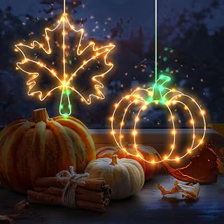 Fall Leaf Pumpkin Fall Window Lights 2 Pack, Light up Fall Decorations for Home, Orange Green 8 Light Modes Remote, Fall Decor for Home Bedroom Living Room Wall Window(Heavy Duty Metal Timer Function)