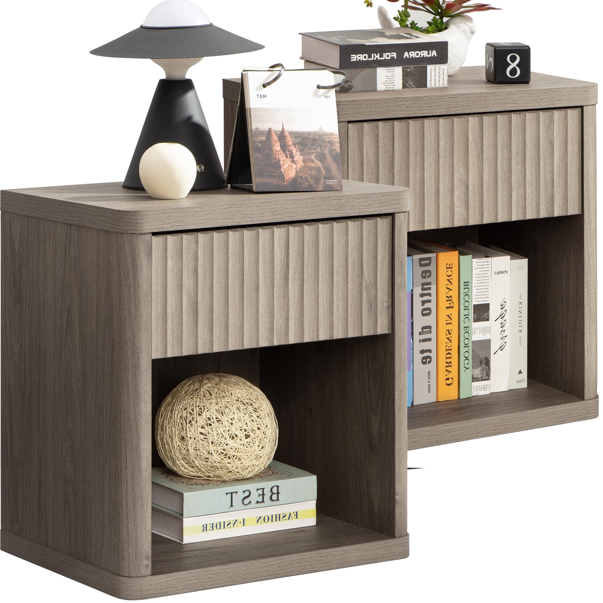 Night Stand Set of 2 Nightstands with Drawer Storage Fluted Bed Side Table End Table Large Modern Wide Bedside Stand Mid Century Night Stands for Bedroom Living Room Sofa Office, Grey Alder