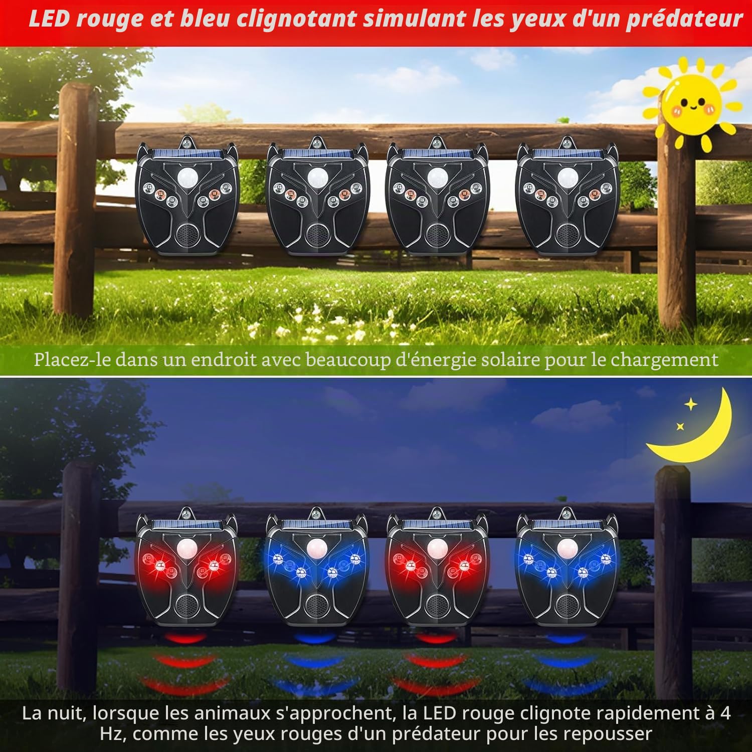 4X Répulsif Solaire pour Animaux Nocturnes, Dissuasif de Coyotes pour Jardin, Répulsif Lumineux Contre Moufettes et Renards, Protection Contre Prédateurs pour Poulailler
