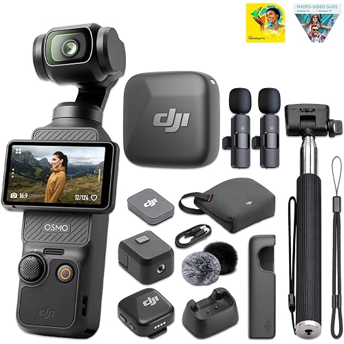 DJI Osmo Pocket 3 Gimbal Camera Mic Mini Wireless Mic | 1" CMOS, 4K 120fps, 3-Axis Stabilization, ActiveTrack 6.0, D-Log M 10-Bit | Bundle: Wireless Mic System, Selfie Stick + Corel Software