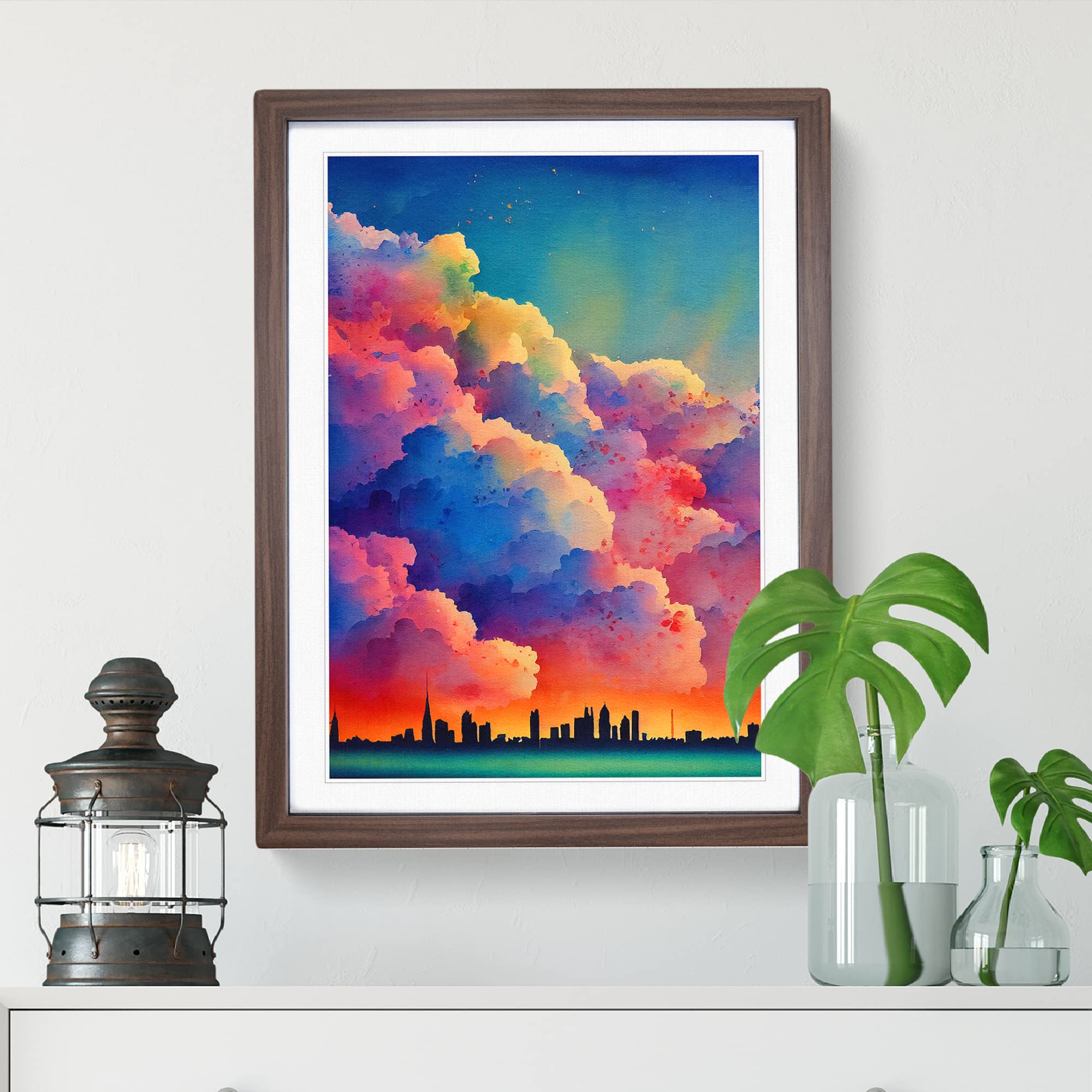 Watercolour City Skyline Clouds No.5 Framed Print, Walnut, A3 (34 x 46 cm) - Image 2