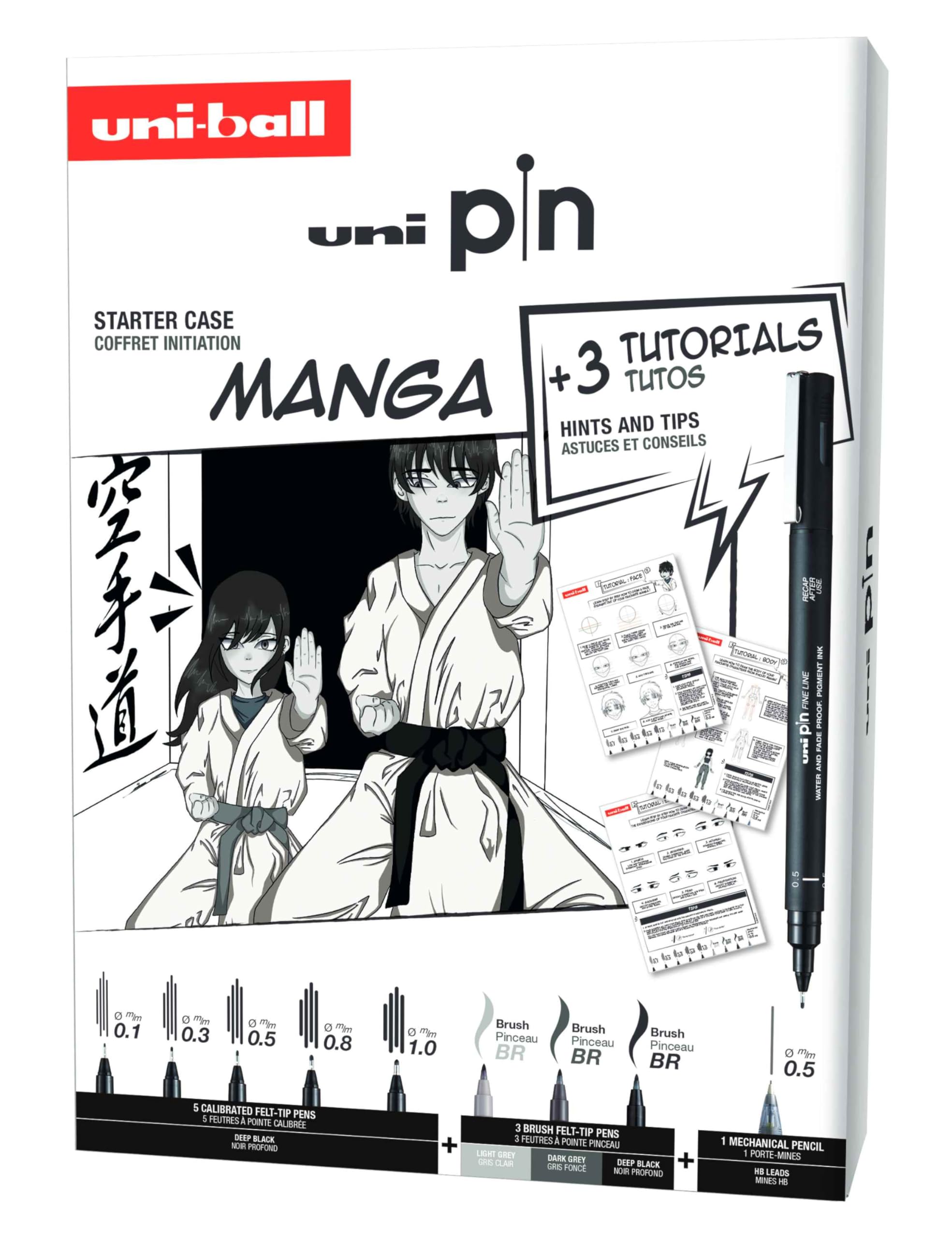 Uni Ball- Brush Pen Fine Liner per Manga, Kit Disegno Tecnico con Pennarelli Indelebili Punta Fine Professionali per Imparare a Disegnare e 1 Portamine, Set Penne Nere Calligrafia Scrittura + Tutorial