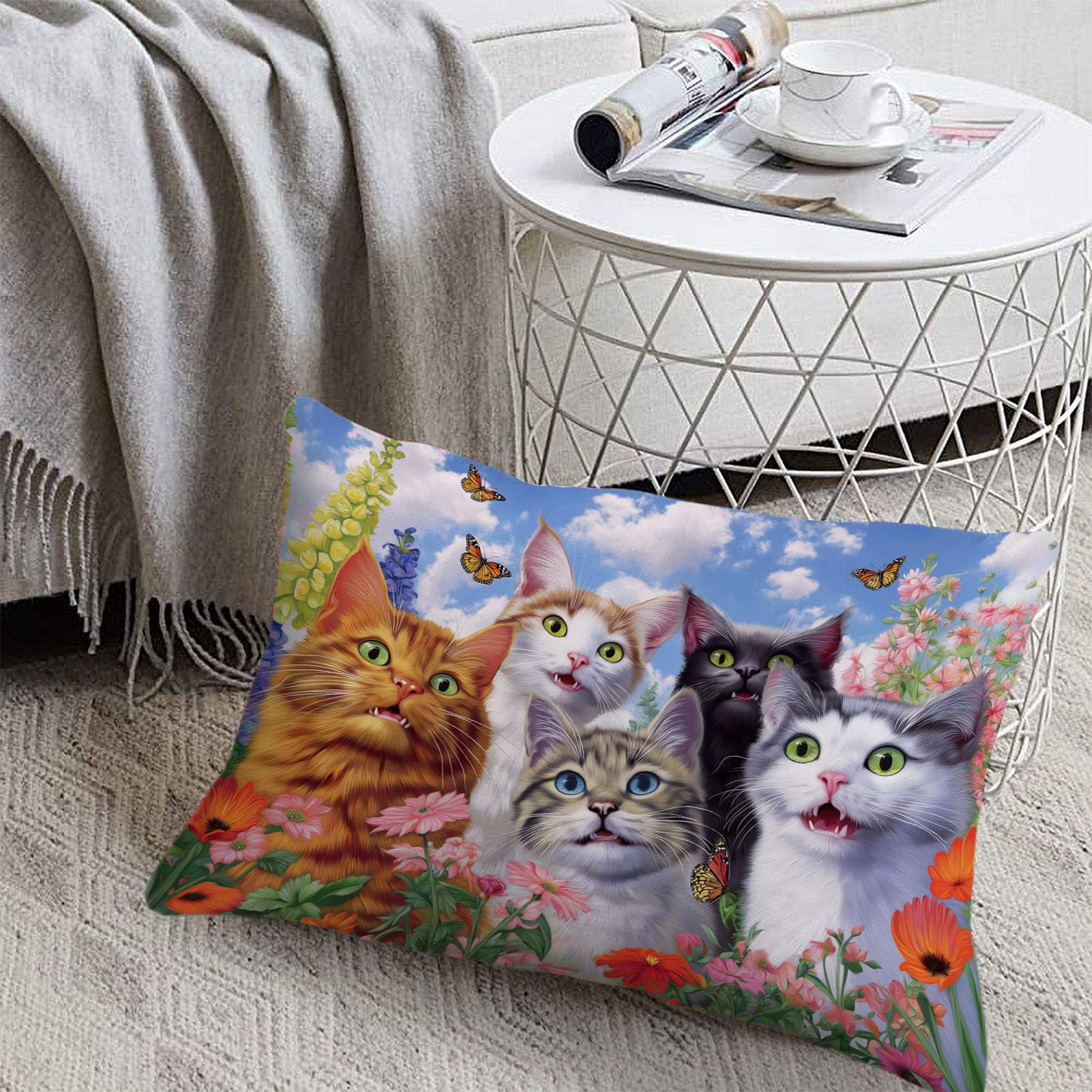 Sábanas 200X190/200Cm - Juego De Sábanas 3 Piezas Estampadas Lindo Gato - Microfibra Suave Transpirable - Sábana Bajera Ajustable - Ropa De Cama Jardín De Ensueño (Azul Cielo)