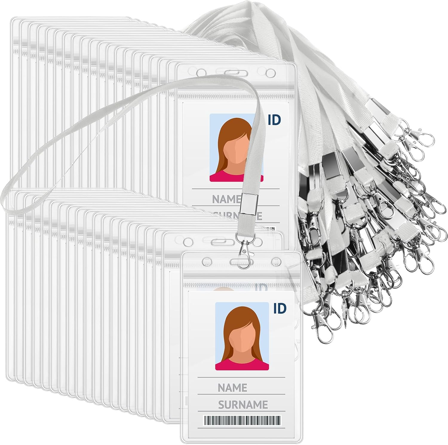 Shappy 100 Pcs Name Tag Lanyards with ID Holder Bulk Vertical Name Badge Holders Card Waterproof Clear Plastic Holder Transparent with Swivel Hook for Office Supplies 65 x 115 mm(White)