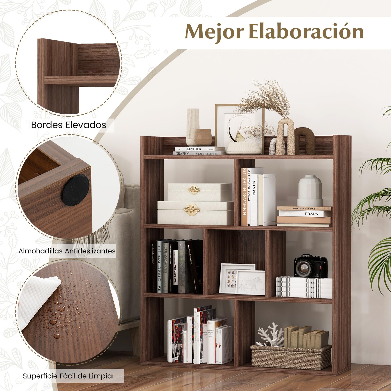 GIANTEX Librería Geométrica con 7 Cubos, Estantería de Almacenamiento de Madera, 80 x 20 x 90 cm, con Kit Antivuelco, Estante de Suelo para Salón, Estudio, Dormitorio (Nogal)