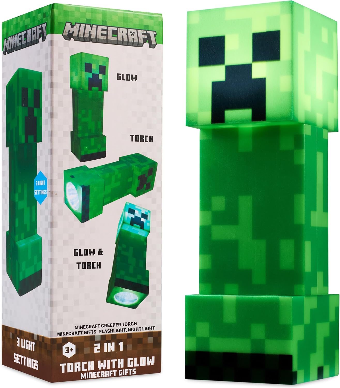 Minecraft Creeper Torch Night Light for Kids, 2-in-1 Flashlight and Lamp with USB and Battery Power, Bedroom Decor, Desk Light, Gamer Gifts for Boys