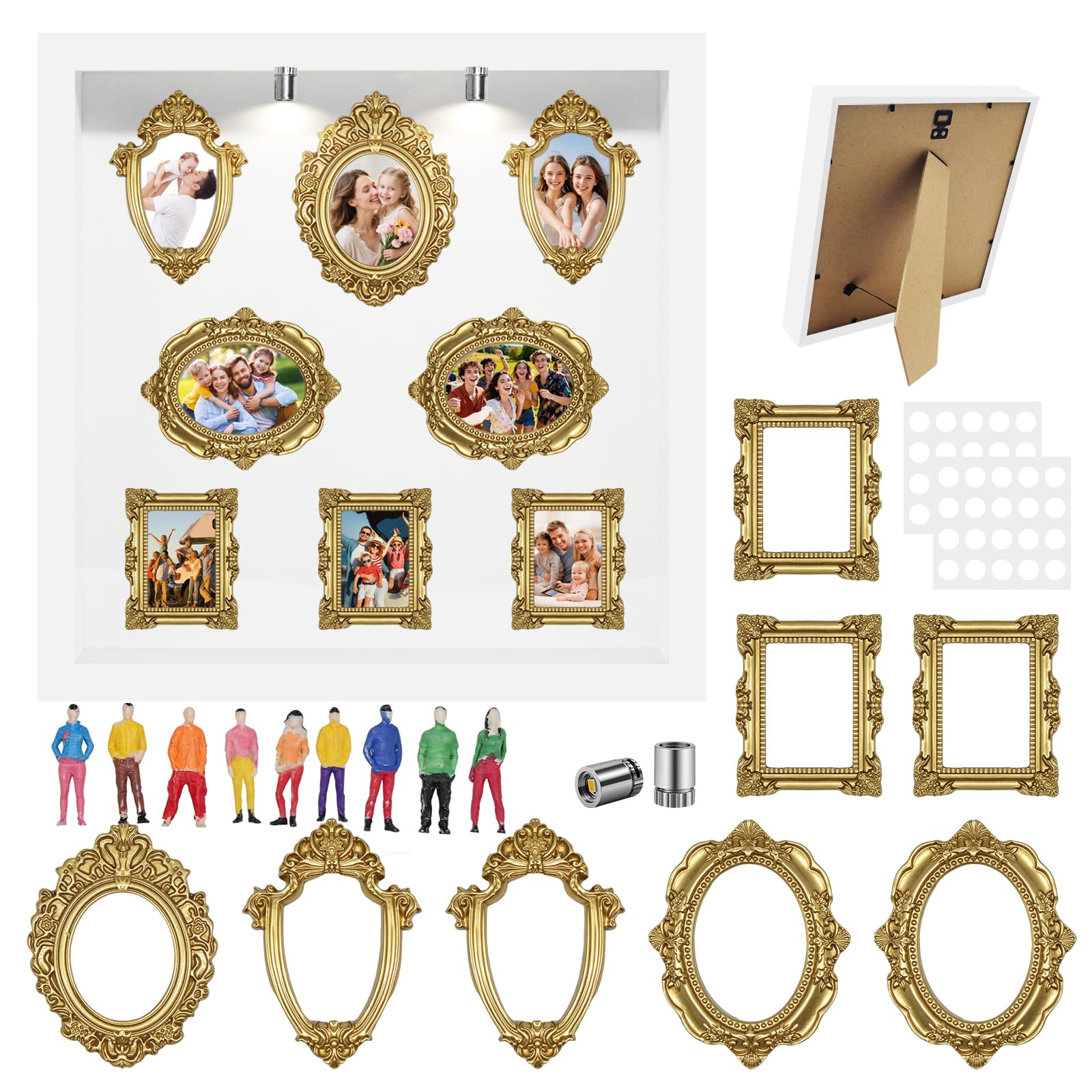 Cornici da Museo,Scatola da Museo Fai Da Te con luce LED,Set di Cornici Ricordo con 8 Cornici in Miniatura e 8 Figurine Ricche di Dettagli, per Anniversari, Compleanni e Occasioni Speciali