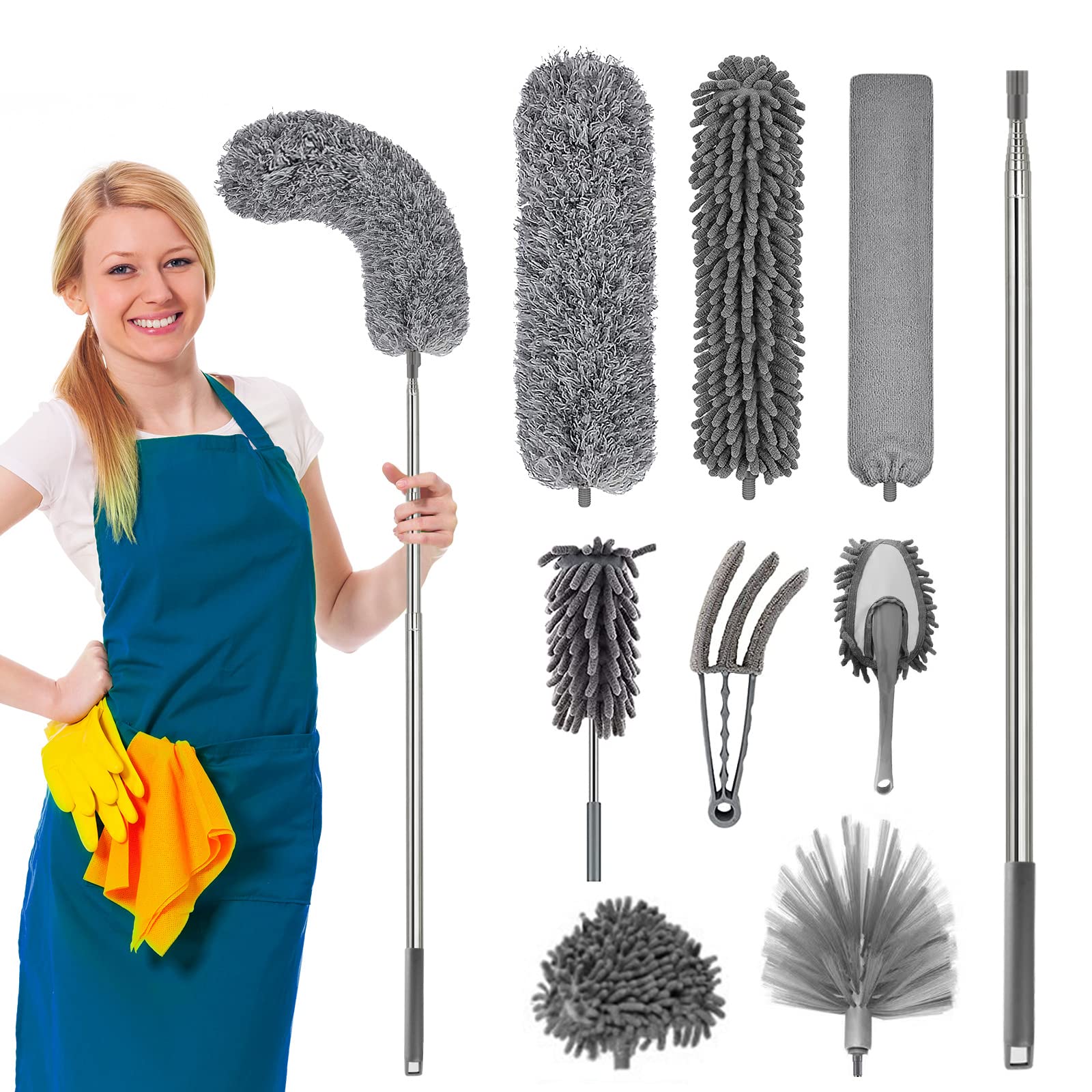 URbazaar 9Pcs Feather Duster, Improved Long Pole Duster (30 to100 inches), Microfiber Bendable Head & Scratch-Resistant Hat for Clean home, Ceiling Fan, High Ceiling, Blinds, Furniture & Car