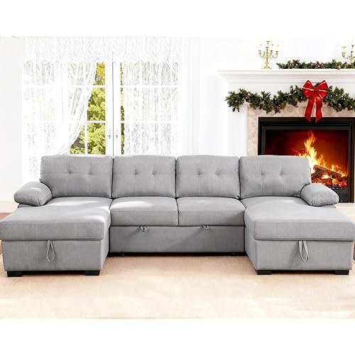 asunflower Sectional Couch Sleeper Sofa with Double Storage Chaise 120" Oversized Pull Out Couch Bed for Living Room Apartment Simple Assembly 4-5 Seater U Shaped Sofa Bed(Grey)
