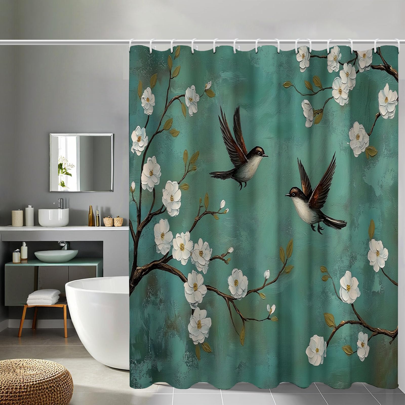 Rideau de douche fleurs de cerisier imperméable turquoise 180x180 pour rideau de baignoire