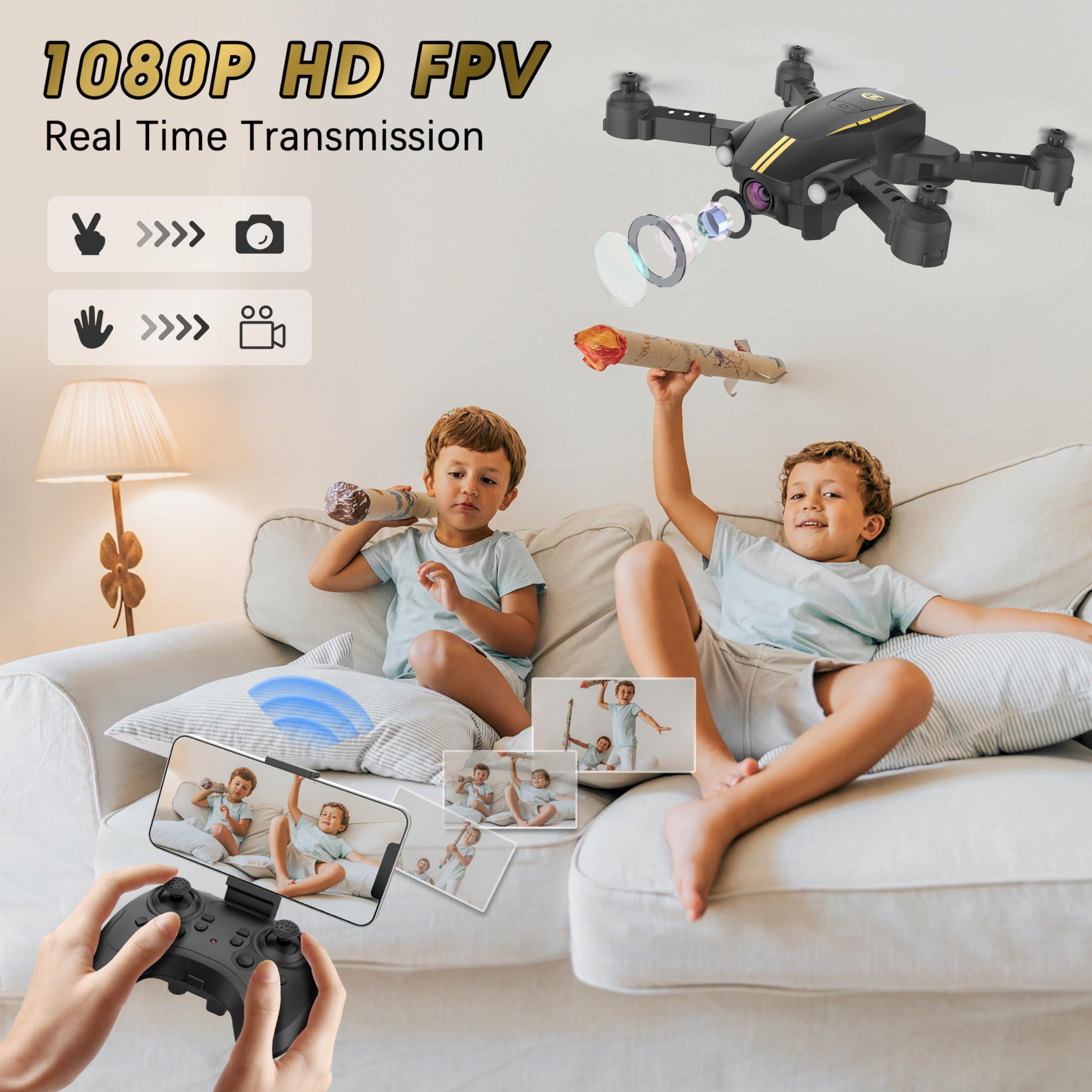Eluhito Drones for Kids Adults with 1080P HD FPV Camera, Foldable Mini Drone for Beginner, RC Toy Gifts Quadcopter with Throw to Go, Auto Rotation, 3D Flips, Headless Mode, Emergency Stop, 2 Batteries