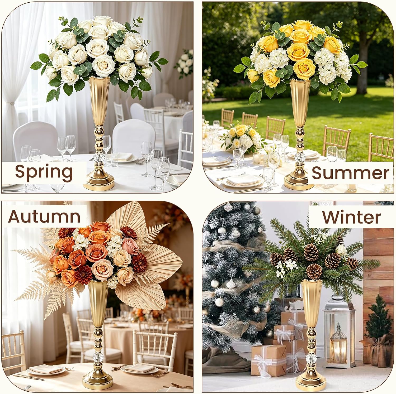 6 Pcs Gold Wedding Centerpieces for Tables Bulk, Tall Flower Trumpet Vases for Centerpieces, Metal Centerpiece Floral Stand with Crystal Decor, Table Decorations for Reception Party Anniversary