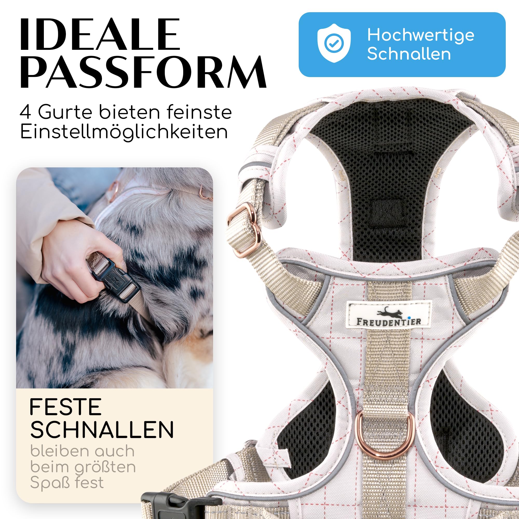 FREUDENTIER Hundegeschirr mit Griff, atmungsaktiv gepolstert - Bombenfester Sitz & maximale Sicherheit - Anti Zieh Brustgeschirr kleine, mittelgroße & Grosse Hunde