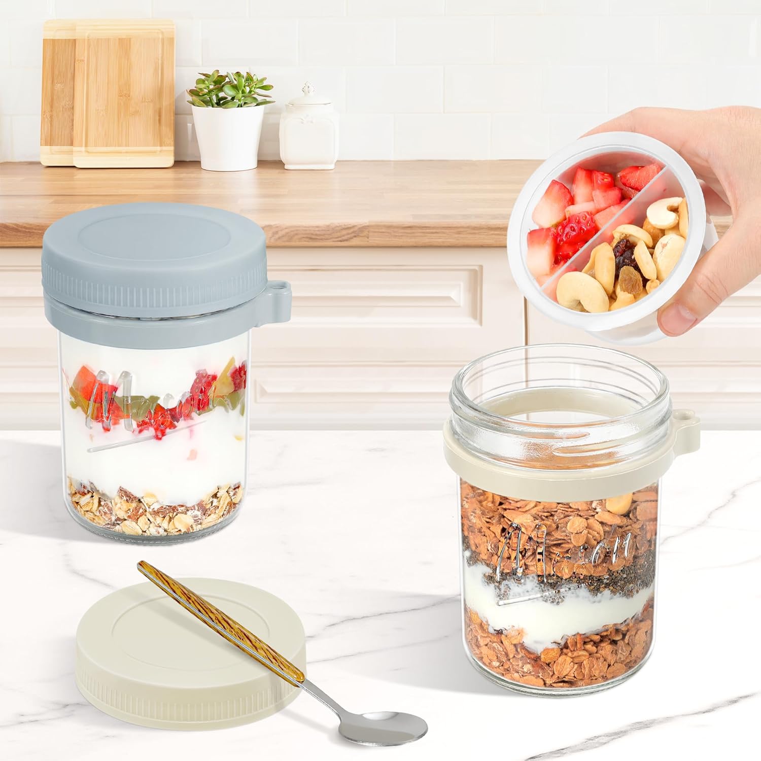 2 Pack Overnight Oats Containers with Lids and Spoons, 16 oz Mason Jars with Removable Separate Compartments, Airtight and Leak-Proof Glass Jars for Chia Pudding, Yogurt, and Oatmeal - Image 3