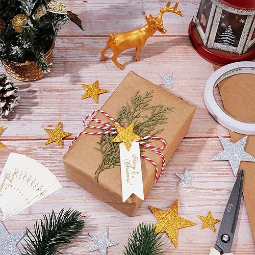 Miniatura 5 de Cholemy Papel de regalo de Navidad con ramas de pino de la naturaleza, papel kraft simple de Navidad, cuerda de algodón, calcomanías de estrella,
