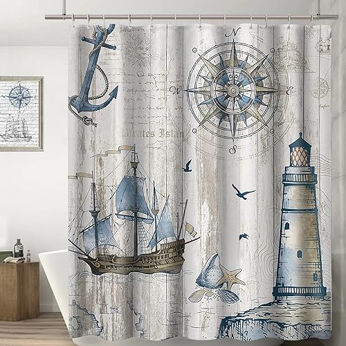 Gezocaromo Cortina de ducha náutica, faro, brújula, ancla, cortina decorativa de baño de tela impermeable de poliéster con 12 ganchos, 72 x 72