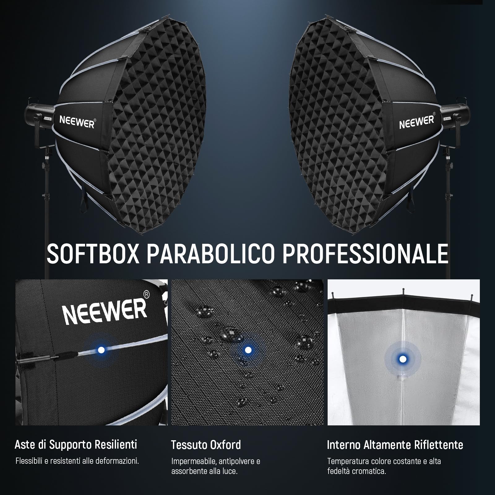 NEEWER Kit Softbox Parabolico, 120cm Soft Box ad Attacco Bowens con Diffusori Luce per Fotografia Studio Registrazione Video Streaming, Compatibile con Aputure 120d Compatibile con Godox SL60w, NS73P