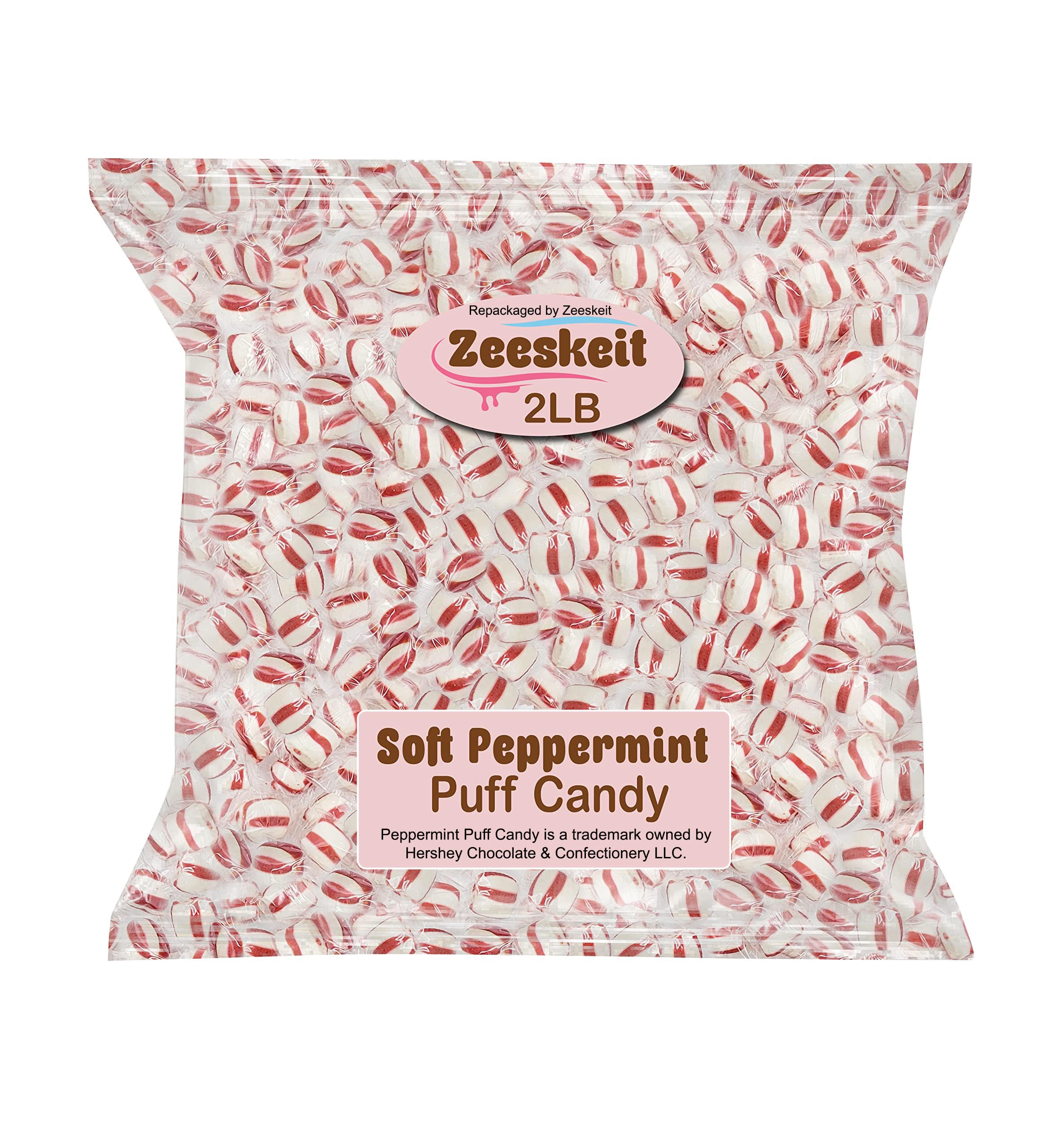 ZEESKEIT Repackaged Soft Peppermint Puff Candy, 2 Lb Bulk Pack, 0.2 oz. Individually Wrapped Soft Mint Candy, Holidays, Party, Easter, Dinner Mints