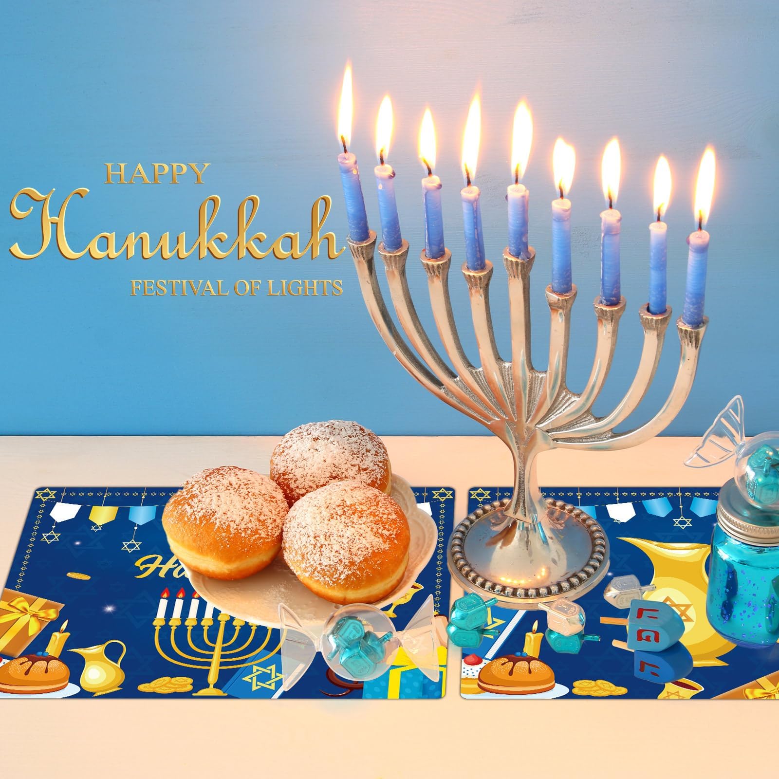 Hanukkah - Juego de 6 manteles individuales de plástico reciclables, lavables, decoración de mesa de vacaciones para interiores y exteriores, fiesta de Hanukkah, cocina, mesa de comedor