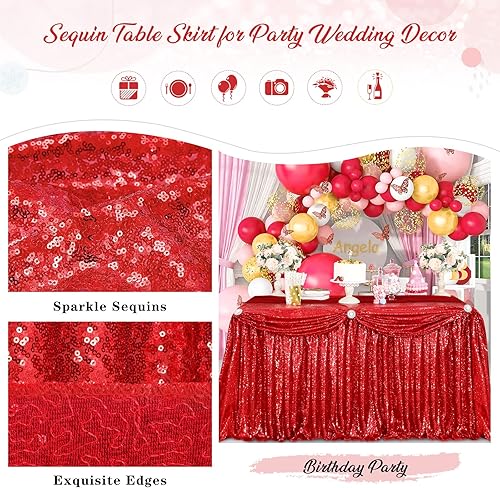 Miniatura 4 de Falda de mesa de lentejuelas rojas de 9 pies para mesa redonda rectangular cuadrada para fiesta, boda, cumpleaños