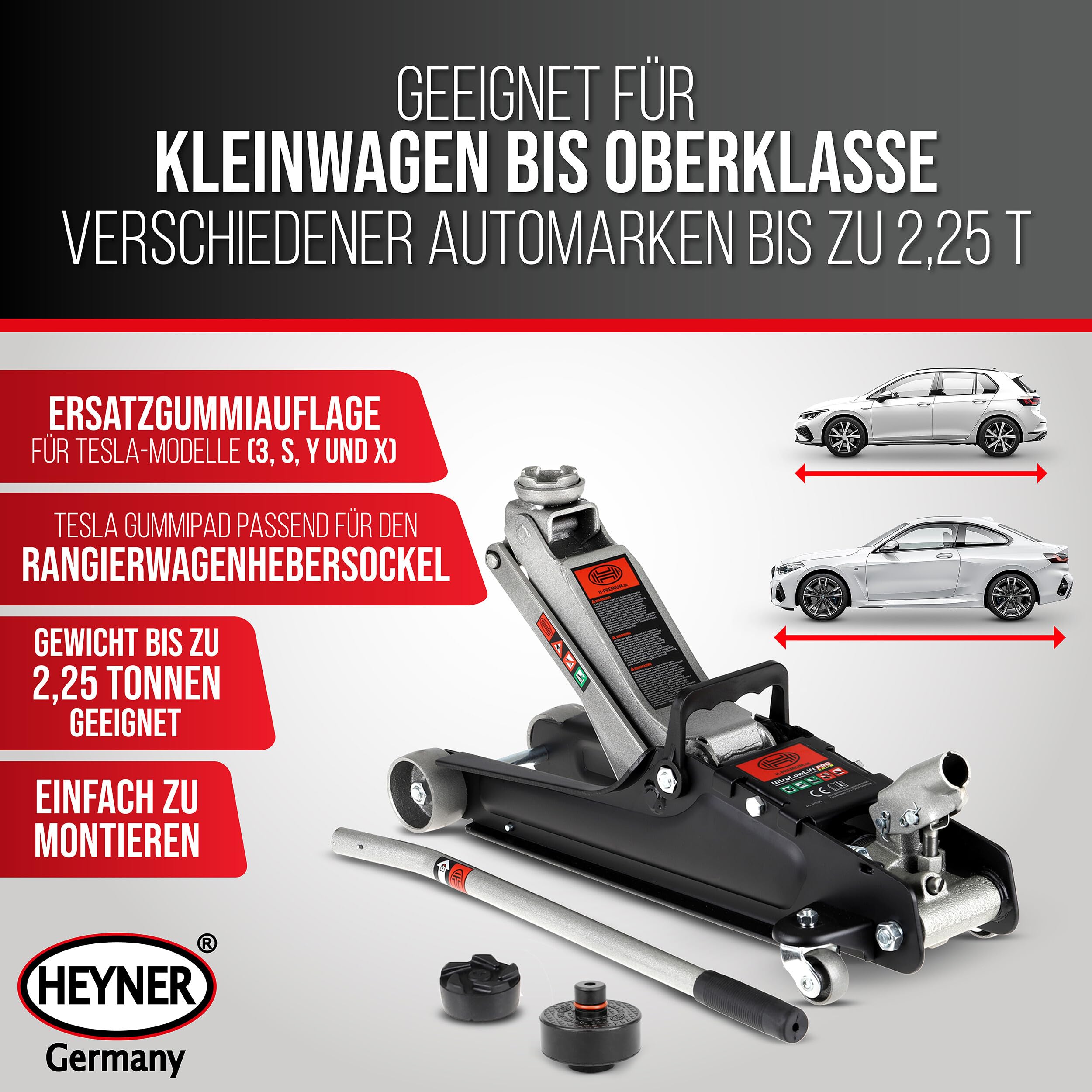 HEYNER® Wagenheber Rangierwagenheber Bundle inkl. Ersatzgummiauflage für Tesla Model 3 S Y X + 2,25t Kapazität + extra flach + robuste Qualität + Variable Hubhöhe 85-380mm