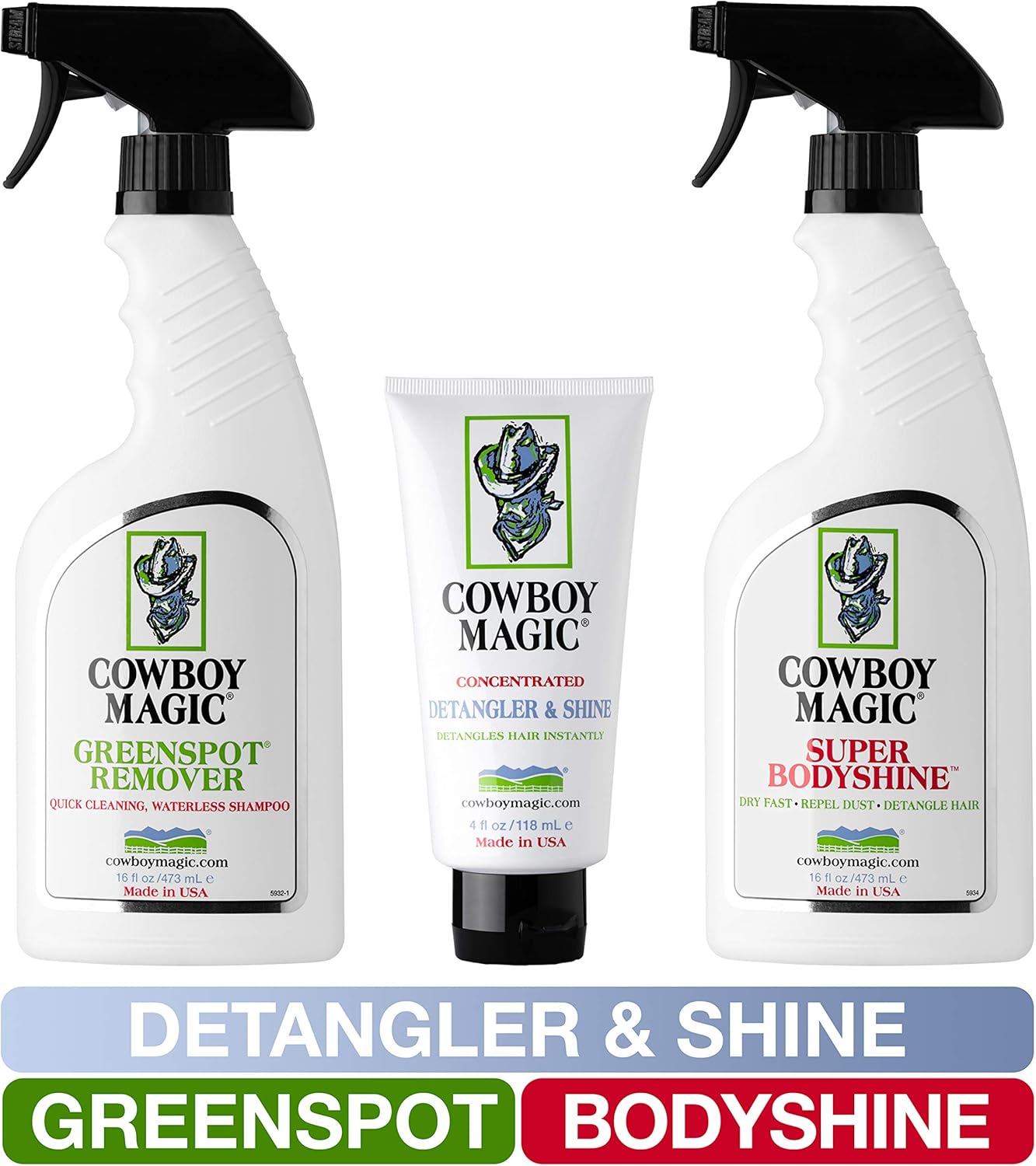 Cowboy Magic Greenspot + SuperBody Shine 16 Ounce each With Detangler & Shine 4 Ounce