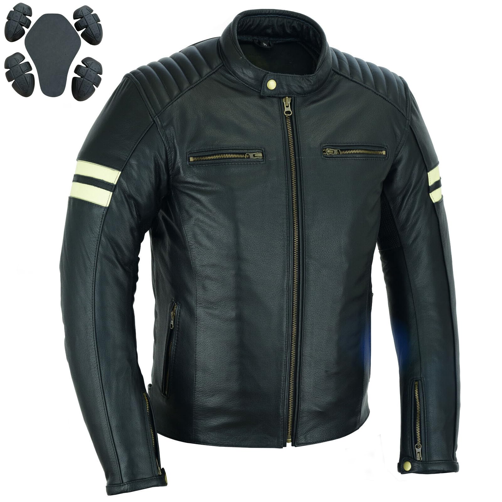 Bikers Gear Australia Men's Blk/Wht Bikers Gear Leather Motorcycle Jacket - Cafe Racer Motorbike Jackets For With Genuine Biker Ce Armour Genuine Leather Jacket For Weather Resistant (M, )