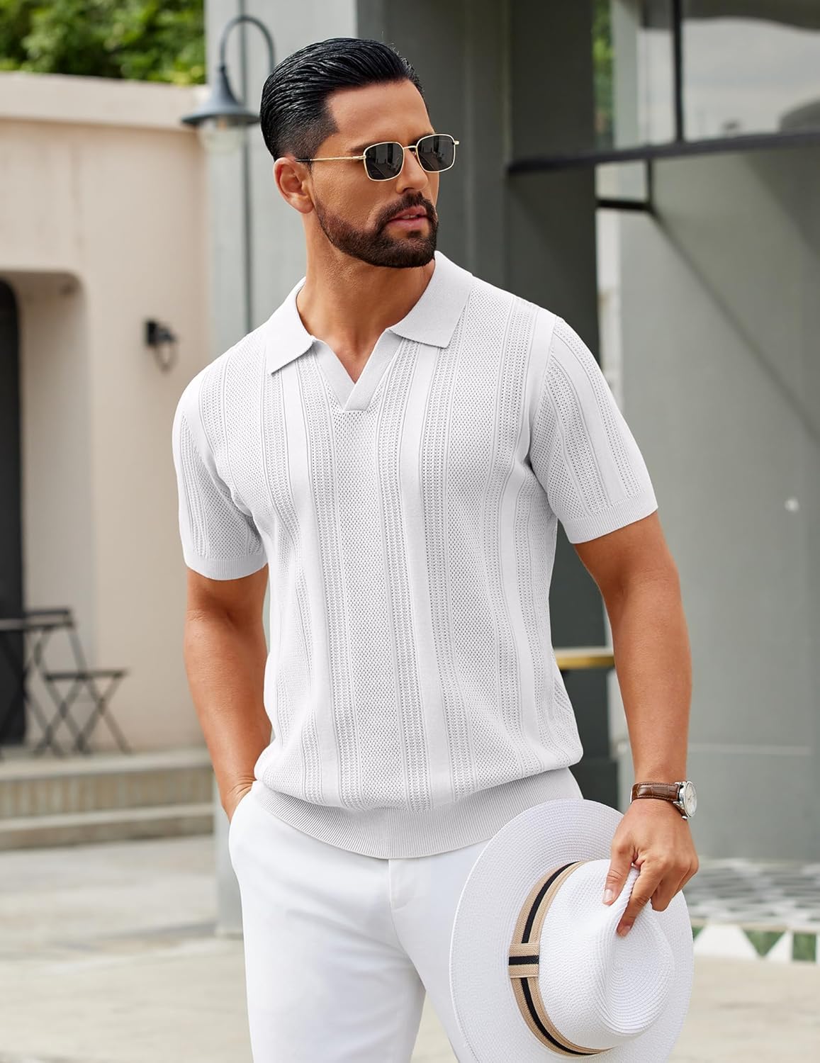 COOFANDY Mens Knit Polo Shirts V Neck Textured Polo Shirts Short Sleeve Breathable Polo Casual Collared T Shirt Fashion Tops - Image 8